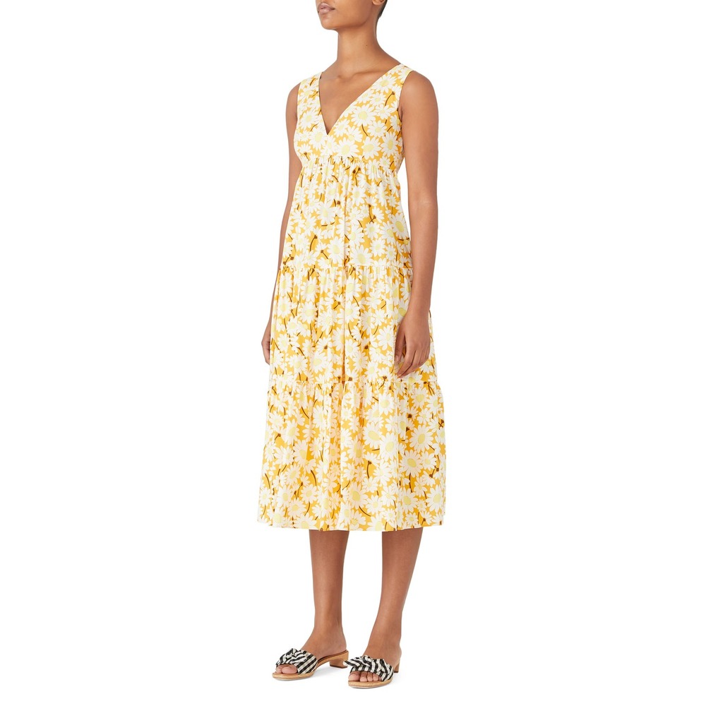 Kate Spade Daisy‎ Poplin Vineyard Dress Womens 0 Yellow Daisy Floral Tiered Maxi